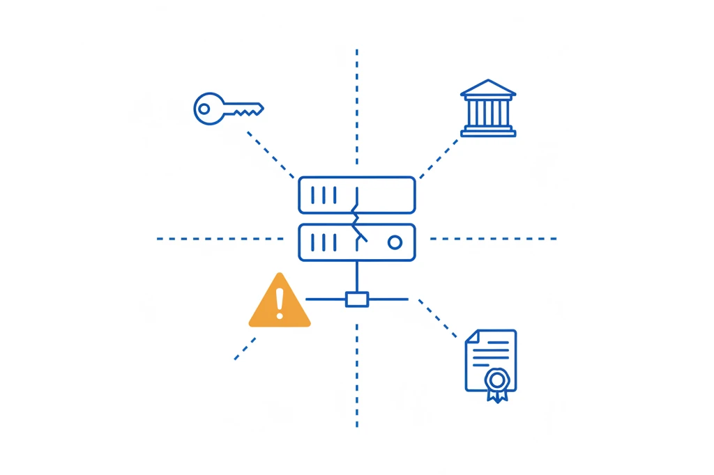 Ilustrație: un server central cu o fisură, conectat prin linii punctate rupte la o cheie de casă, o clădire de bancă și un document cu sigiliu, simbolizând blocarea mai multor procese printr-un singur punct de eșec