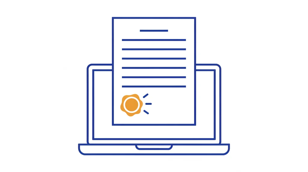 Ilustrație: un document cu linii de registru se ridică dintr-un laptop deschis, cu o ștampilă rotundă aplicată pe colț, reprezentând eliberarea online a certificatului de atestare fiscală