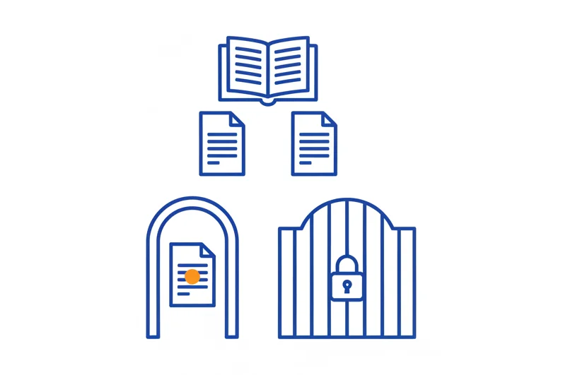 Ilustrație: un registru public deschis din care pornesc două documente identice, unul trece liber printr-un arc deschis, celălalt e blocat de un lacăt pe o poartă închisă