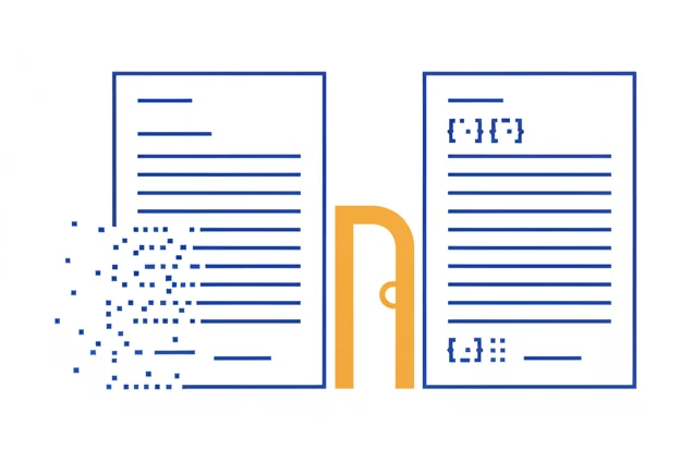Ilustrație: o factură pe hârtie care se dizolvă punctat pe măsură ce se apropie de o poartă oficială, în timp ce gemena ei structurată, cu marcaje de tip XML, trece curat prin aceeași poartă