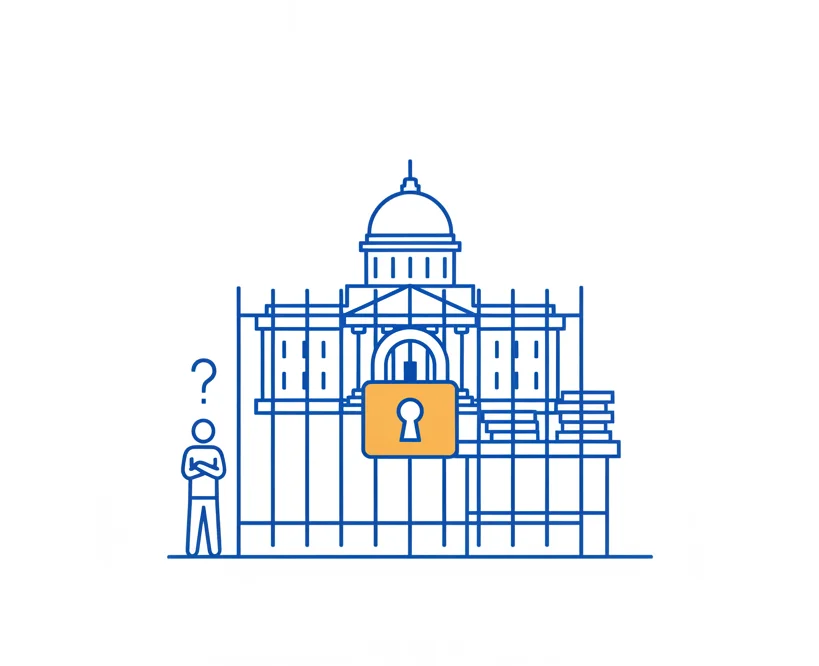 Ilustrație: o clădire instituțională cu poartă și lacăt, o persoană în afara porții cu semn de întrebare, fișiere de date vizibile în interior, reprezentând accesul restricționat al PatrimVen la instituții publice autorizate