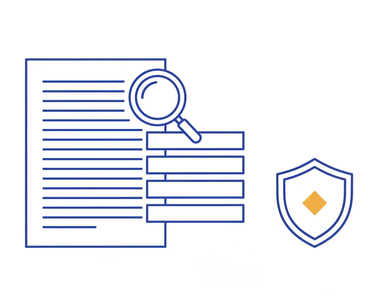 Ilustrație: un document cu straturi de date structurate care se desprind din el, o lupă inspecând unul dintre straturi, și un scut cu accent auriu la capătul drept, reprezentând conformitatea fiscală prin raportare detaliată