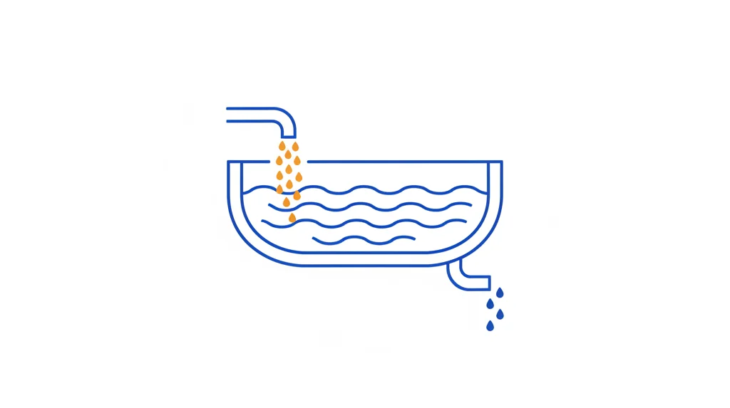 Ilustrație: un rezervor aproape plin, alimentat de o țeavă cu picături rapide, cu o scurgere mică și lentă la bază
