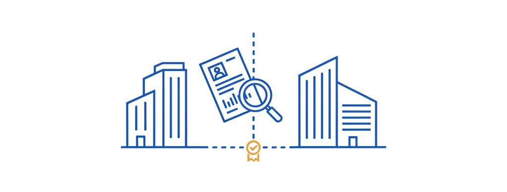 Ilustrație: un document cu un cod traversează o linie punctată care separă două clădiri, cu o lupă care inspectează codul și un marcaj de validare la punctul de trecere, reprezentând verificarea intracomunitară VIES